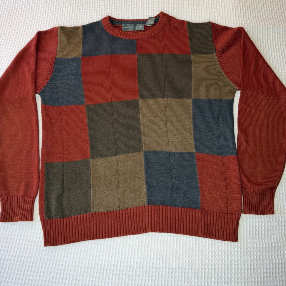 Oscar de la Renta Mens Colorblock Patchwork Crewneck Sweater Rust Orange Size M